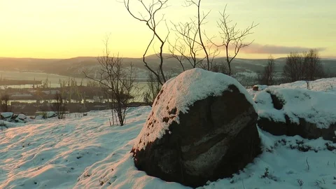 The snow-covered stone and Bush in the background of the port and Bay. Video stock 71345802