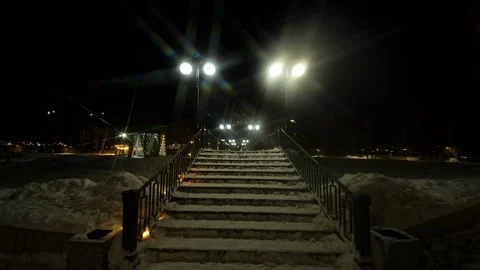Snow-covered stone steps lead upward between black railings in a park at night. Stock Footage 328418548