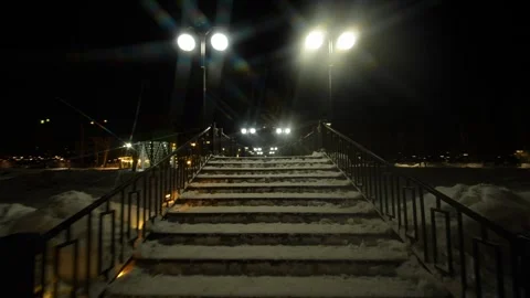 Snow-covered stone steps lead upward between black railings in a park at night. Stock Footage 328418621