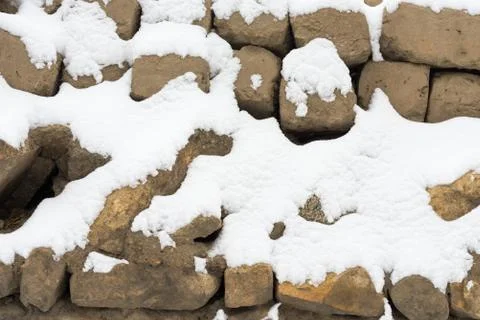 Snow covered stone wall background Stock Photos