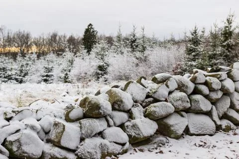 Snow covered stone wall Stock Photos