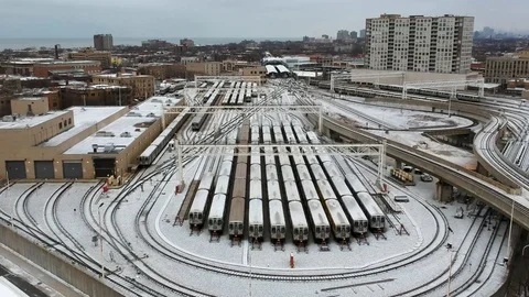 Snow covered subway train yard on cold winter day Stock Footage 101746111