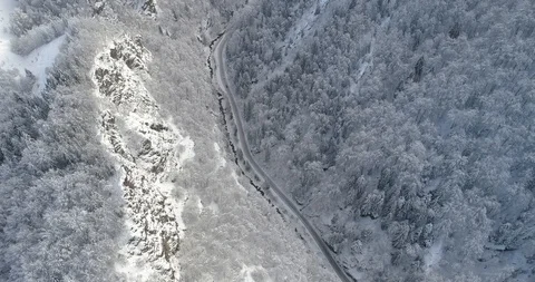 Snow covered sunlit cliffs in the forest and road in the valley. Aerial view of Stock Footage 120361135