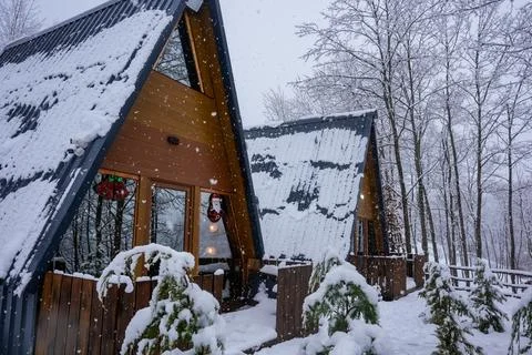 Snow-Covered Thuja with Two A-Frame Houses Stock Photos