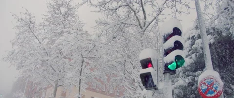 Snow covered traffic light. massive blizzard Stock Footage 148386850