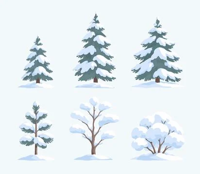 Snow covered trees and winter shrubs collection Stock Illustration