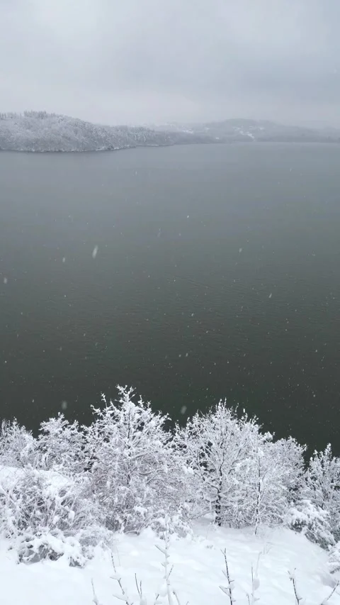Snow-covered trees frame a tranquil lake scene, the serene winter landscape Stock Footage 321821187