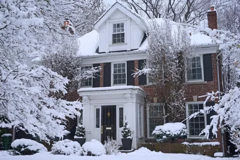 Snow covered trees in front yard of house Stock Photos