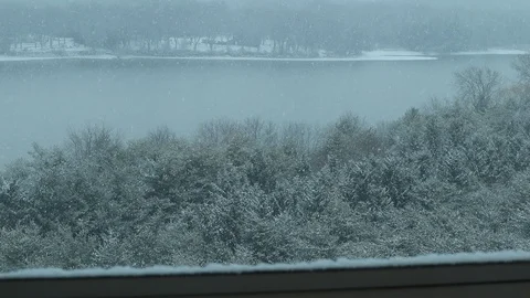 Snow covered trees with water in background on cold winter day 動画素材 127260621