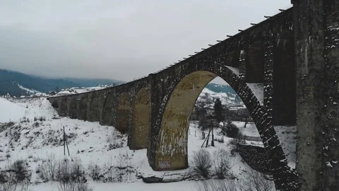 Snow covered viaduct top view. 4k Stock Footage 121281874