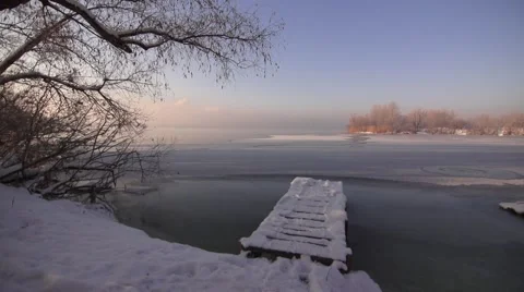 Snow-covered view of the river Stock Footage 45306253