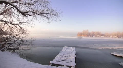 Snow-covered view of the river Stock Footage 46219232