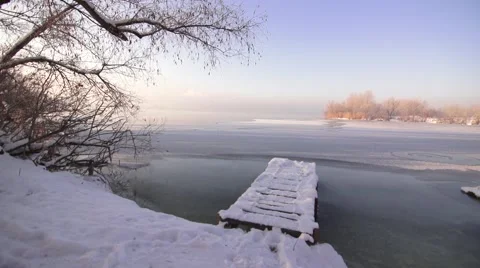 Snow-covered view of the river Stock Footage 47012559