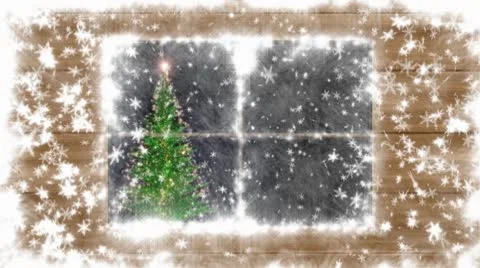 The snow-covered window, falling snow and New Year tree Stock Footage 8963090