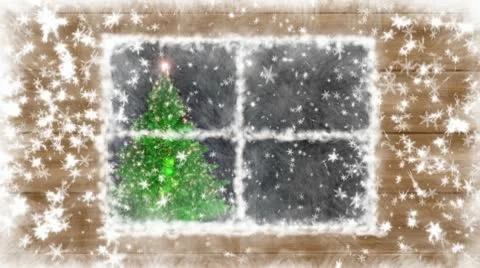 The snow-covered window, falling snow and New Year tree Stock Footage 9539714