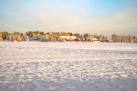 A snow covered winter cloudscape with sunray and small wooden hut through the Stock Photos