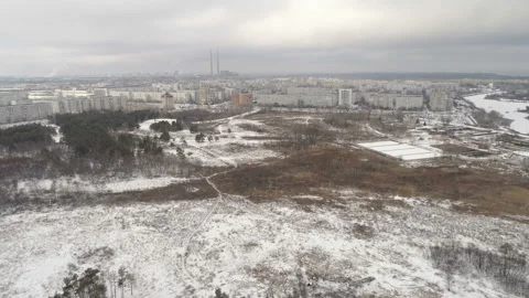 Snow covered Winter Forest And Buildings. Aerial View 스톡 동영상 100995283