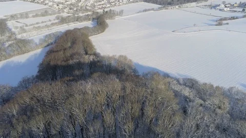 Snow covered winter landscape flying from forrest towards populated area in G Stock Footage 103263638