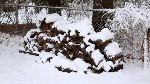 Snow-Covered Wood Pile Stock Footage