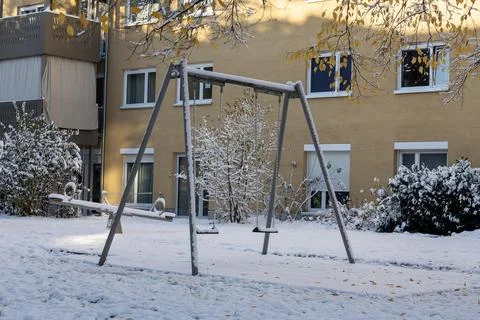 Snow-Covered Yard with Trees on Winter Day Photos