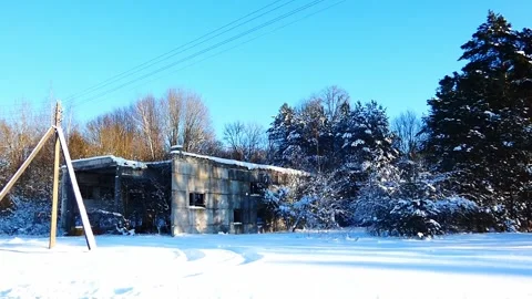 Snow covers an old building in a forested area on a clear day Stock Footage 328117100