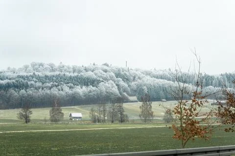 Snow covers trees and fields near a small building in a rural area during w.. 스톡 사진