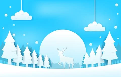 Snow Deer Pine Trees Winter Papercut Paper Cut Style Illustration 스톡 일러스트