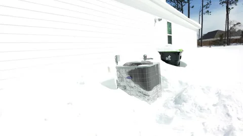 Snow drift covering ac unit outside house in the winter. Stock Footage 328574344