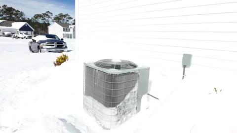 Snow drift covering ac unit outside house in the winter. Heat Pump. Stock Footage 328574507