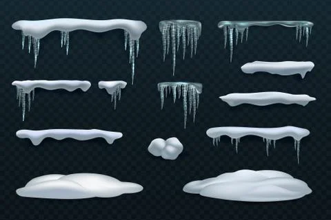 Snow elements. Snowball and snowdrift, icicles and snowcap borders. Isolated Stock Illustration