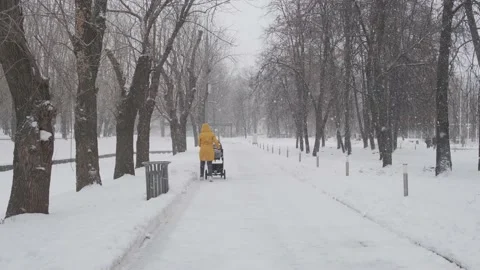 Snow fall blizzard in city park. Mom rolling baby in a stroller under a snowfall Vídeo Stock 154358632