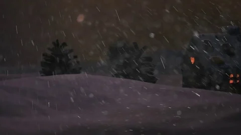 Snow fall on gingerbread house surrounded by fir-trees and snow drifts Vidéo 70062598