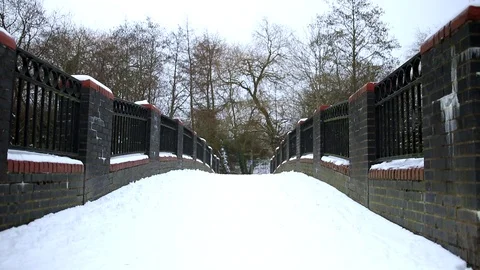 Snow Fall on Park Bridge Tilt from ground up to sky Stock Footage 90265731