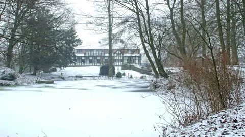 Snow fall on World War One battlefields : Hooge Crater, Ypres, Belgium Stock Footage 102172111