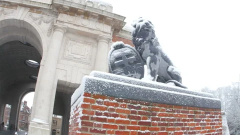 Snow fall on World War One battlefields : Menin Gate, Ypres, Belgium Stock Footage 102192843