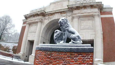 Snow fall on World War One battlefields : Menin Gate, Ypres, Belgium Stock Footage 102194222