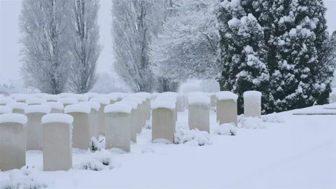 Snow fall on World War One battlefields : Tyne Cot Cemetery, Ypres, Belgium Stock Footage 102201157