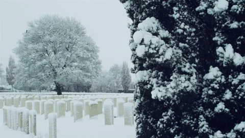 Snow fall on World War One battlefields : Tyne Cot Cemetery, Ypres, Belgium Stock Footage 102202680