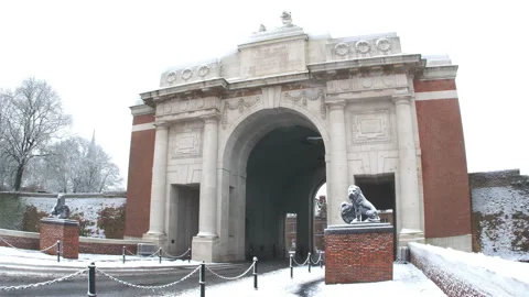 Snow fall on World War One battlefields : Menin Gate, Ypres, Belgium Stock Footage 102229419