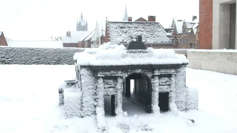 Snow fall on World War One battlefields : Menin Gate, Ypres, Belgium Stock Footage 102230815