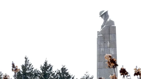 Snow fall on WWI battlefields : Brooding Soldier canadian memorial, Yp Stock Footage 102227763