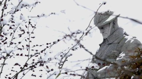 Snow fall on WWI battlefields : Brooding Soldier canadian memorial, Yp Stock Footage 102227869