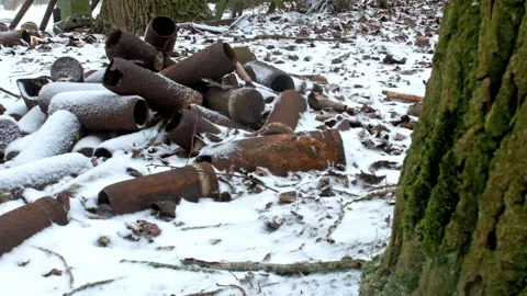 Snow fall on WWI battlefields : relics of trench, Hooge Crater, Ypres, Belgium Stock Footage 102170249