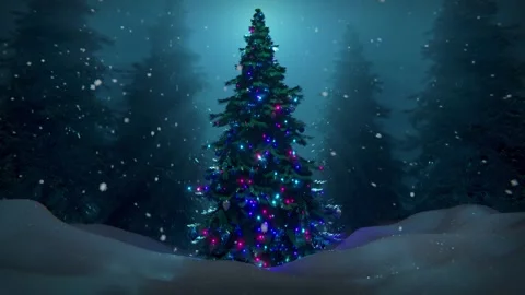 Snow Falling and Christmas Tree in Forest Video Animation Stock Footage 256642852