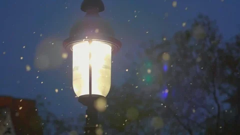 Snow falling around bright light lamp post in winter 03 Stock Footage 99066767
