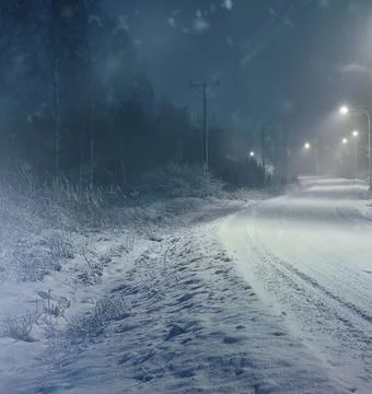 Snow Falling Around Lamppost at Night Illuminating Snowy Trees Stock Photos