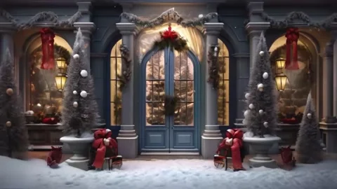 Snow falling in the background of a Christmas decorated store. A short vide.. Vídeos de archivo 255897751