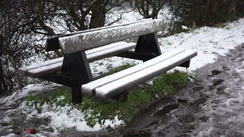 Snow falling on bench Vidéo 297186284
