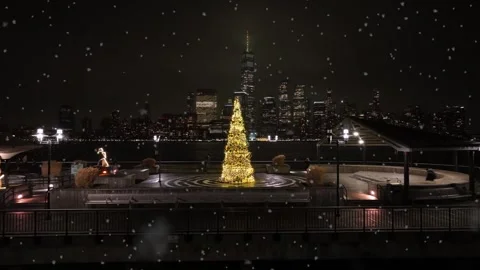Snow falling on Christmas tree in front of New York City Skyline at night Stock Footage 300869210
