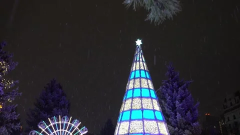 Snow is falling. The Christmas tree is glowing. Video stock 229925654